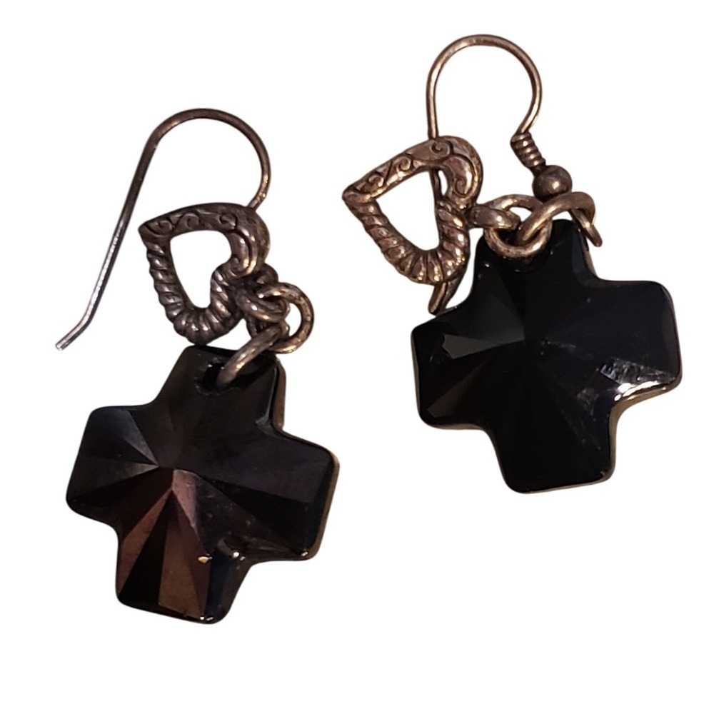 Brighton Karma Cross Earrings with Silver‎ Heart Drop Black Religious Jewelry